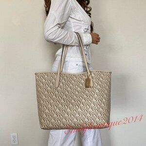 NWT Coach CF342 City Tote with Monogram Print in Canvas & Leather Gold Chalk Bag